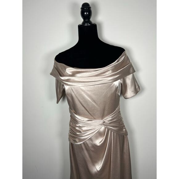 AIDAN MATTOX STRETCH MIKADO MIDI off shoulder beige setting formal dress Sz 8 - Picture 3 of 13